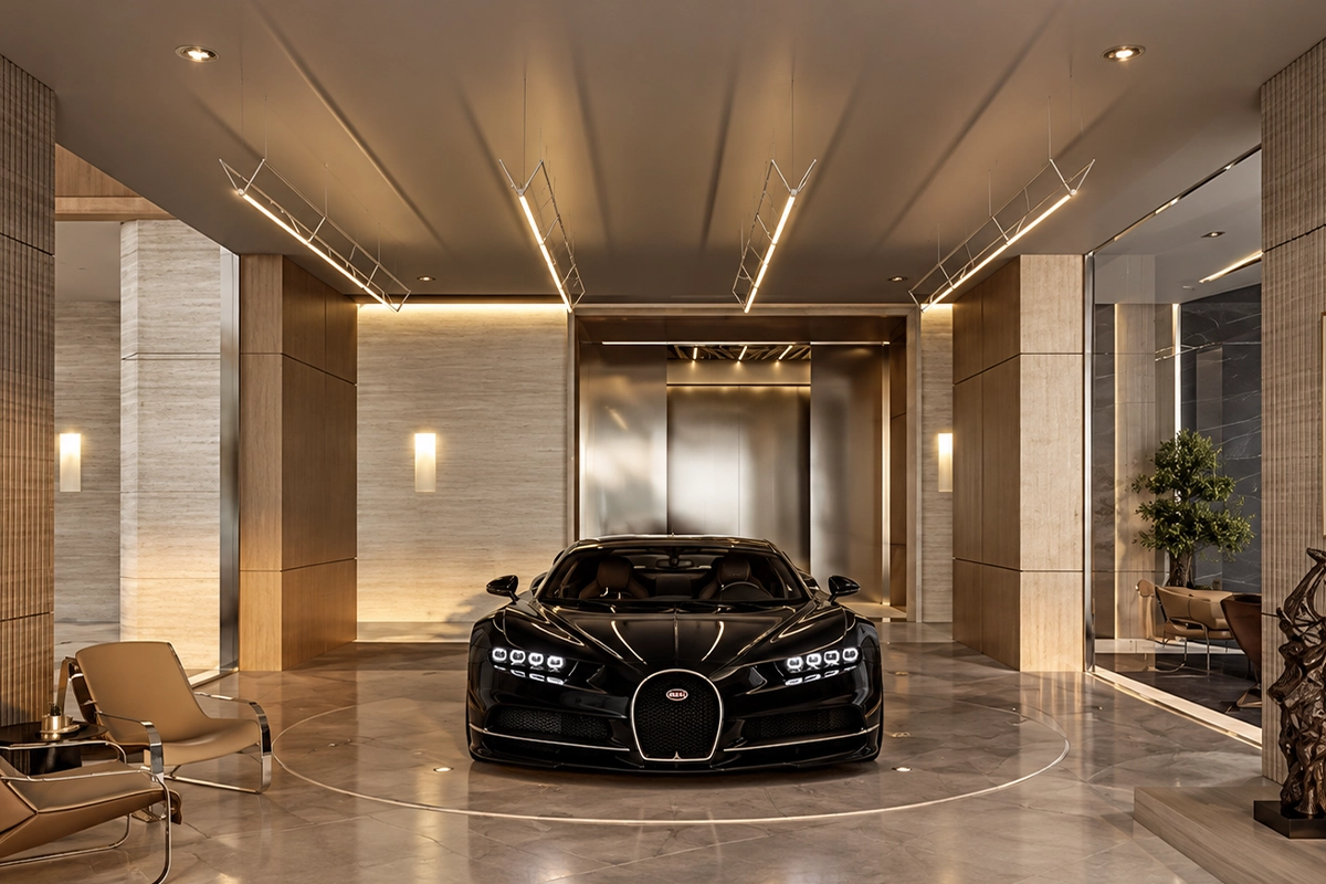 Private car lift in ultra-luxury penthouse at Bugatti Residences by Binghatti